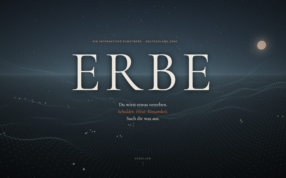 Titelbild von DAS ERBE: der Schriftzug „ERBE“ über einer nächtlichen Landschaft aus Lichtpunkten, darunter „Du wirst etwas vererben. Schulden. Hitze. Einsamkeit.“