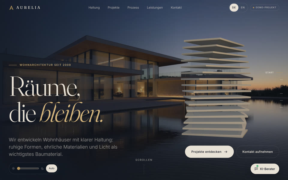 Startseite der Immobilien-Demo „Aurelia Residenzen“: Villa am Wasser in der Dämmerung, daneben ein schwebendes 3D-Modell aus Geschossplatten und die Überschrift „Räume, die bleiben.“