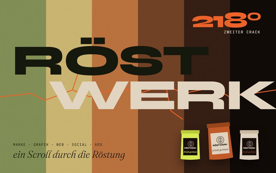Vorschau der Demo „Röstwerk“: Farbstreifen von Grün bis fast Schwarz wie die Röststufen einer Kaffeebohne, darüber der Schriftzug „Röstwerk“, eine Risslinie, 218 Grad und drei Kaffeetüten