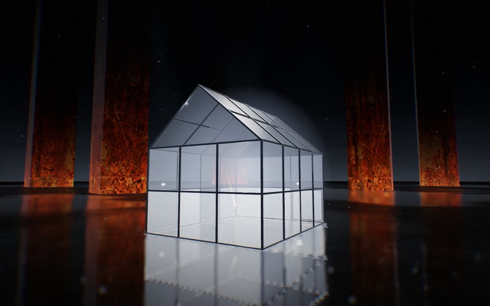 Ein leuchtendes Haus aus Glas zwischen rostigen Stahlwänden, Szene aus THE GLASS HOUSE