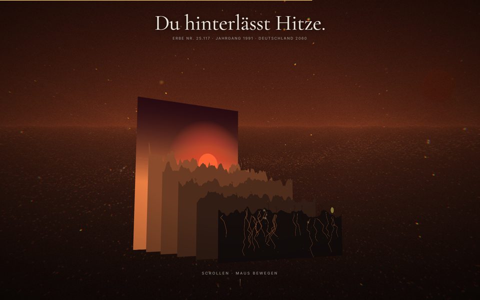 DAS ERBE: das persönliche Bild als aufgeklapptes 3D-Diorama in glühenden Rottönen, darüber das Urteil „Du hinterlässt Hitze.“