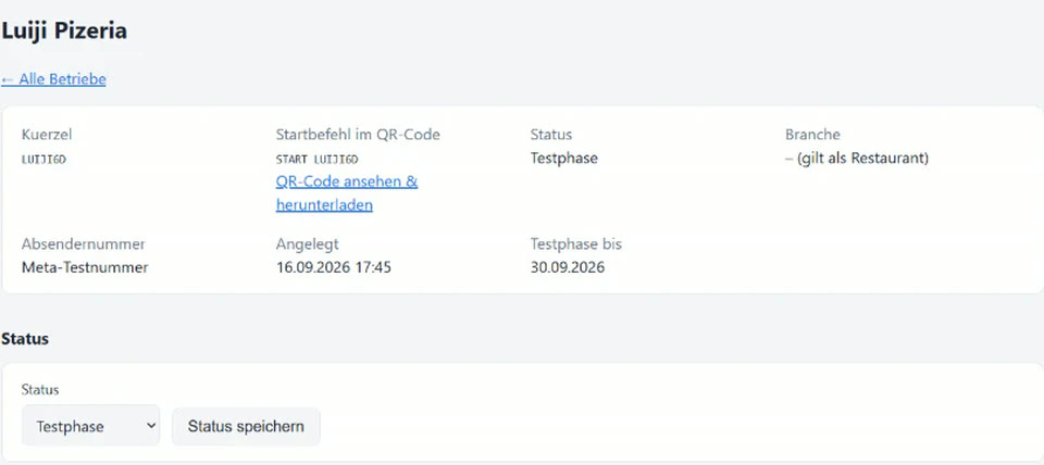 Betriebsübersicht eines Testbetriebs: Kürzel, Startbefehl im QR-Code, Status, Branche, Absendernummer und Testphase