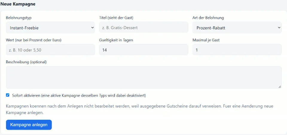 Formular für eine neue Kampagne mit Belohnungstyp, Art der Belohnung, Wert, Gültigkeit und Höchstzahl je Gast