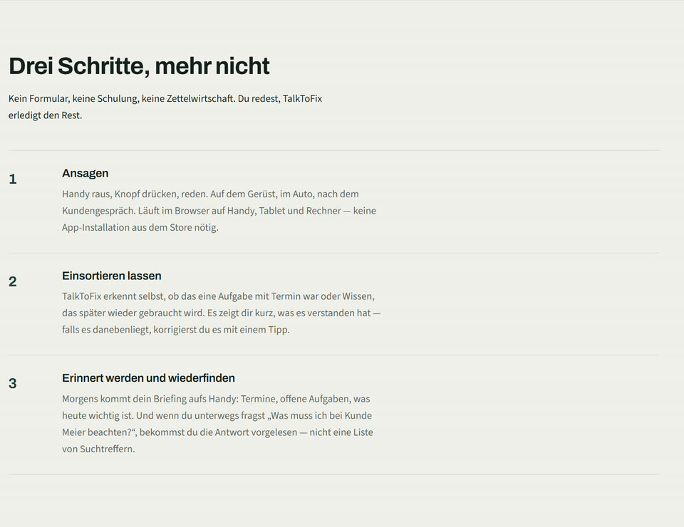 TalkToFix: die drei Schritte Ansagen, Einsortieren lassen, Erinnert werden und wiederfinden