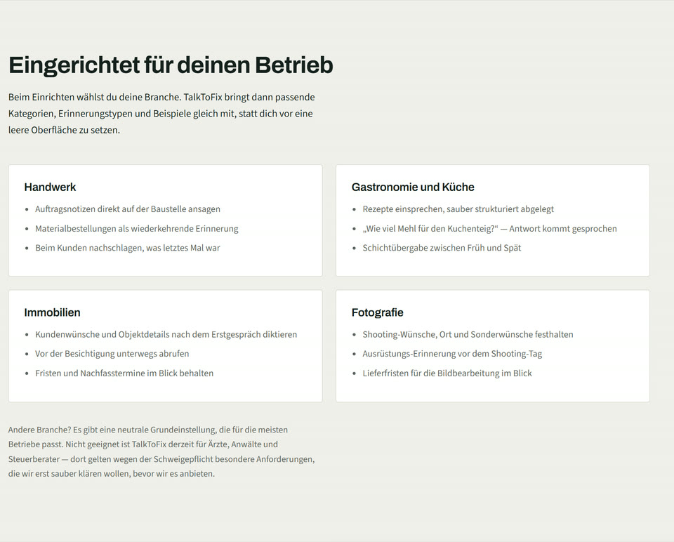 TalkToFix: Einstellungen für verschiedene Branchen