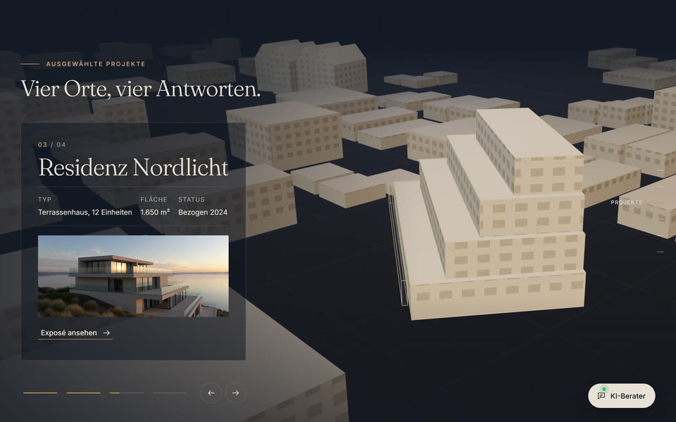 Immobilien-Demo: Projekt „Residenz Nordlicht“ mit Typ, Fläche und Status vor dem 3D-Stadtmodell