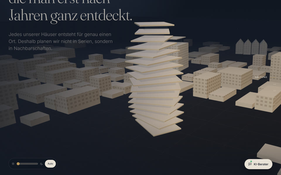 Immobilien-Demo: das 3D-Stadtmodell mit dem schwebenden Turm aus Geschossplatten im Abschnitt „Haltung“