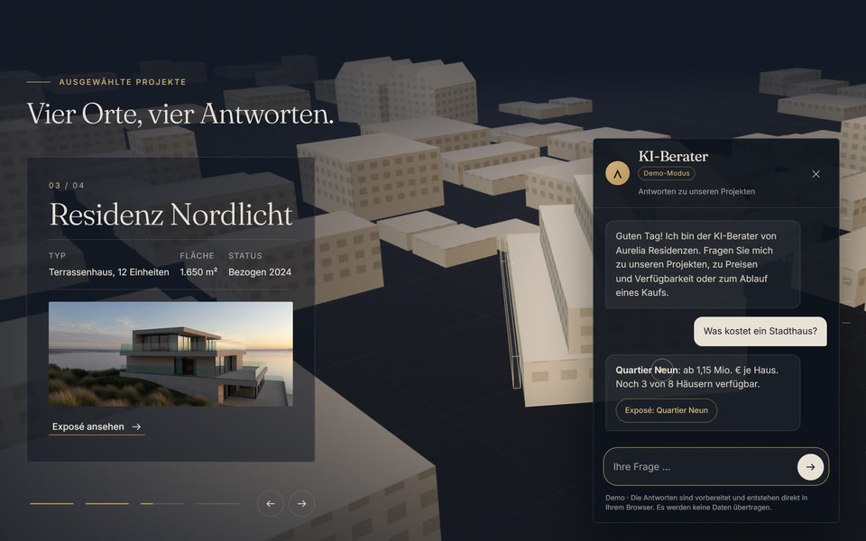 Immobilien-Demo: der KI-Berater beantwortet die Frage nach dem Preis eines Stadthauses und verweist auf das Exposé